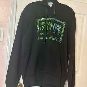 VERSACE JEANS COUTURE Piece N Metallic Logo Hoodie Size S Black Green $450